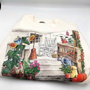 Vtg 90s Farmhouse Garden Grannycore Graphic Crewneck Sweatshirt White